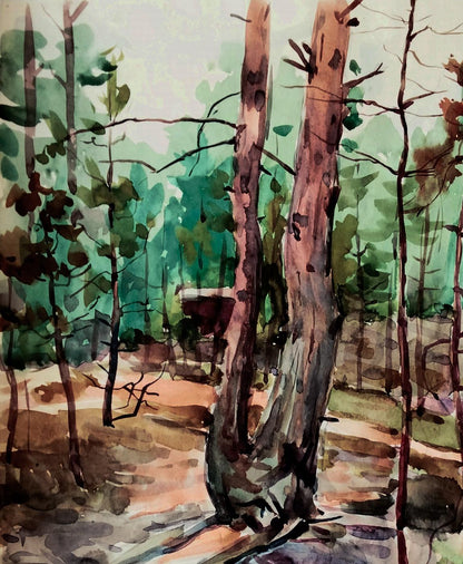 Watercolor painting of textured forest tree trunks by Vitaly Duhnevich
