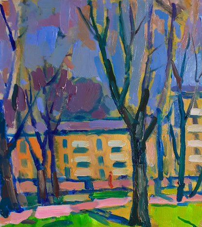 Oil painting of urban landscape with park by Pavel Dobrev