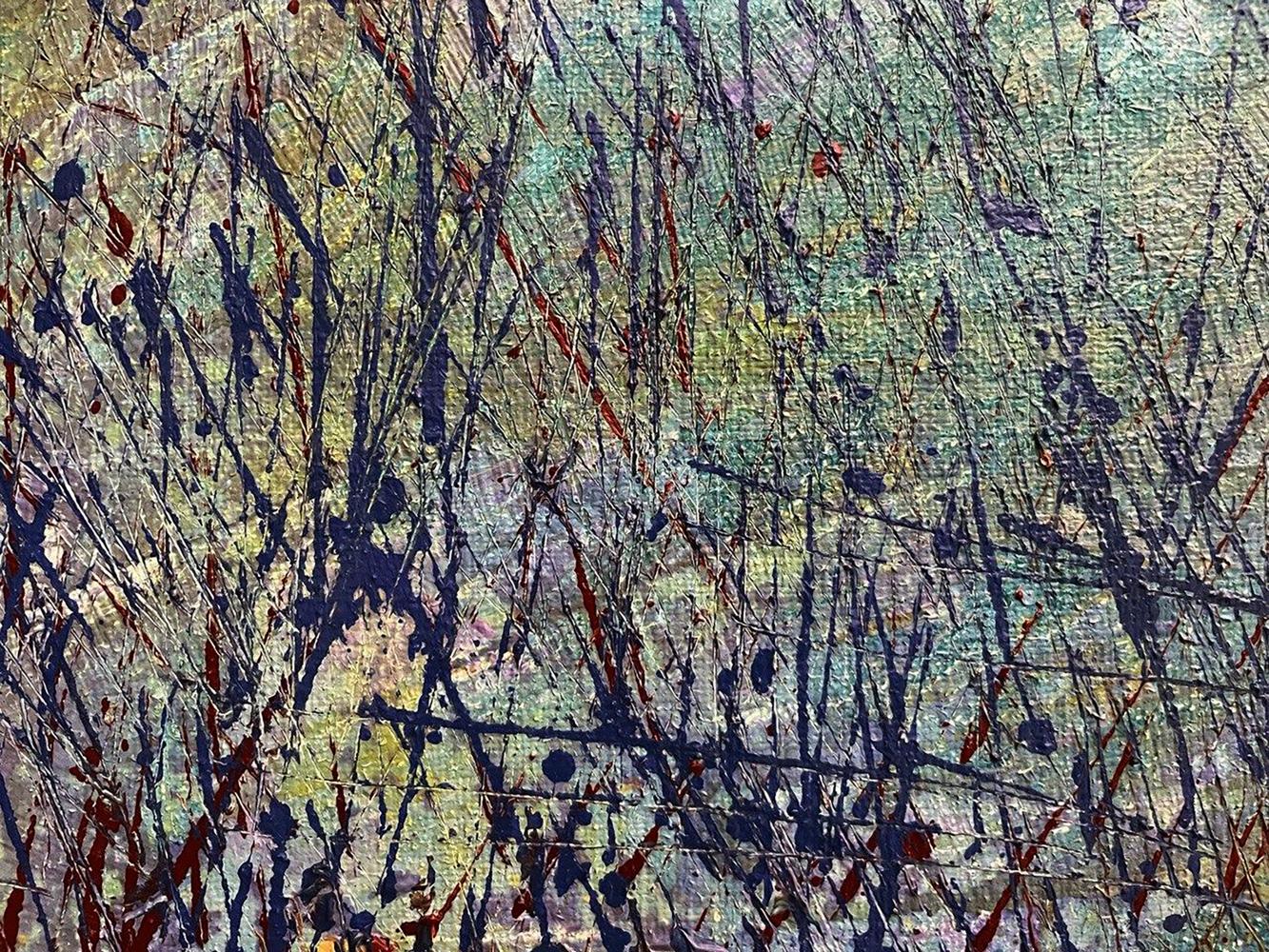 Oil painting Lightning by Serhiy Kovalev with red, navy, black splatters on green-beige texture
