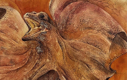 Detailed watercolor of Cloaked Lizard by Dmytro Startsev, textured scales, sharp teeth