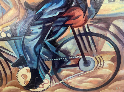 Abstract oil painting By bike by V. Konotopsky, cyclist in motion