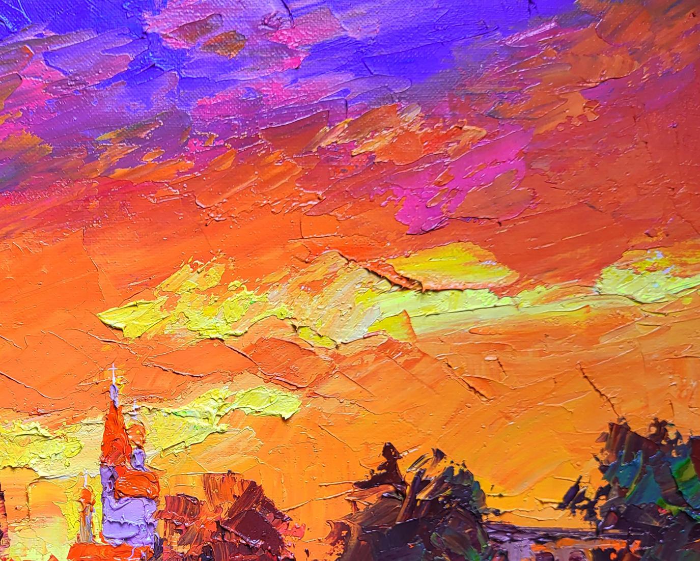 Vibrant impressionist oil painting Evening Boris Serdyuk sunset sky silhouettes