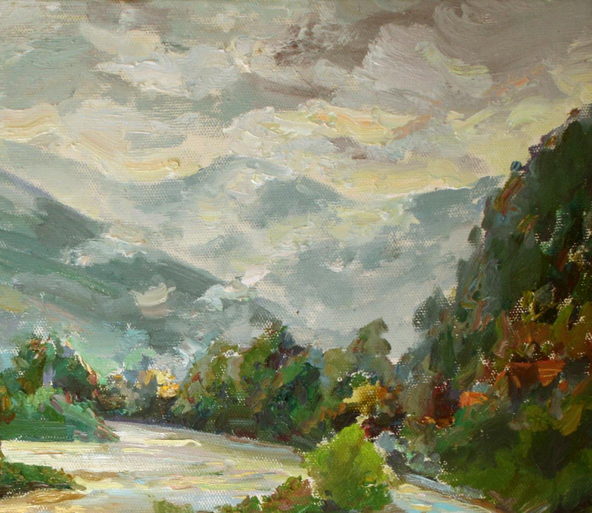 Oil painting of mountain river by Leonid Pavlenko, impressionistic hills