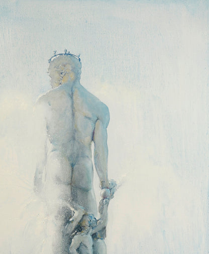Pale blue-gray marble statue of crowned muscular Neptune holding smaller figure by Oleg Kateryniuk