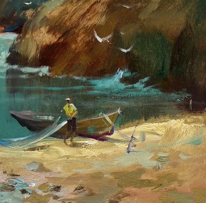 Oil painting of small wooden fishing boat on sandy shore by Yuriy Suprunchuk