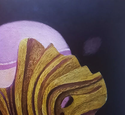 Oil painting Element Alexander Strashevich: textured golden-yellow brown abstract sculpture with lavender circle