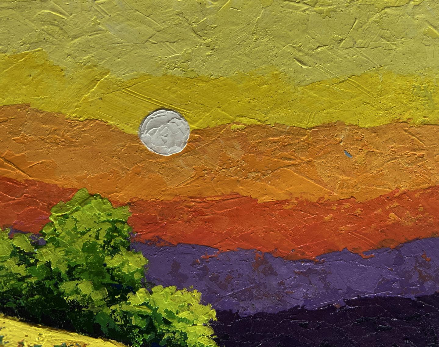 Oil painting of sunset by V. Zadorozhnya with vibrant sky and foliage
