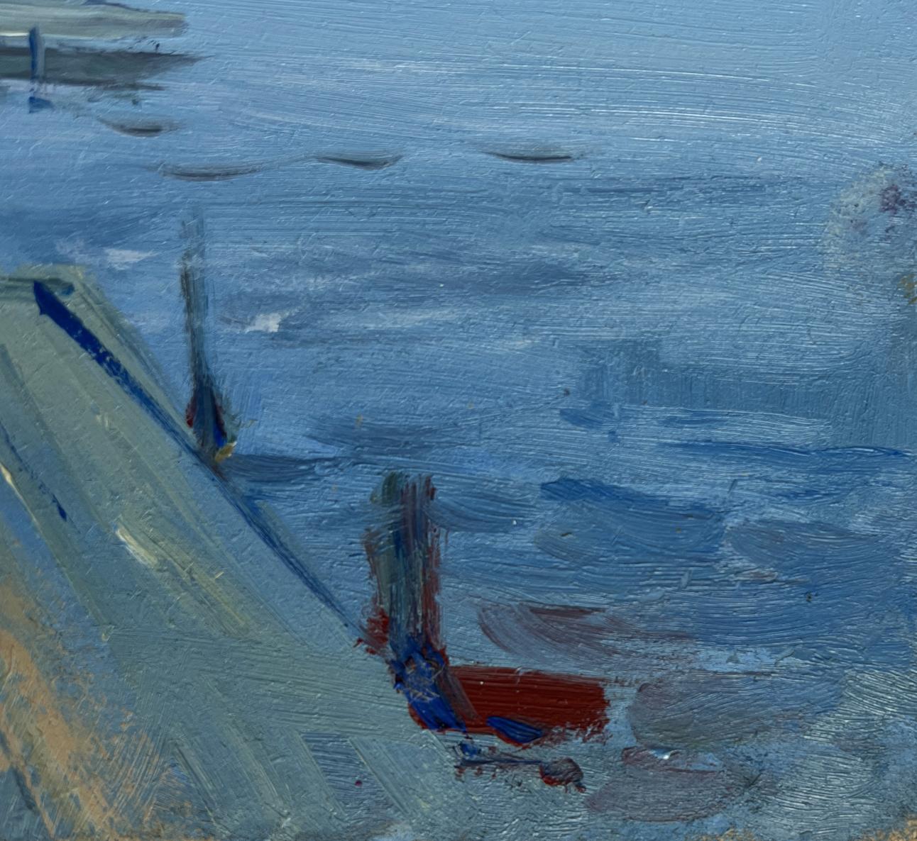 Oil painting Fishing on the Ferry by Yuriy Suprunchuk, red blue boat on gray shore