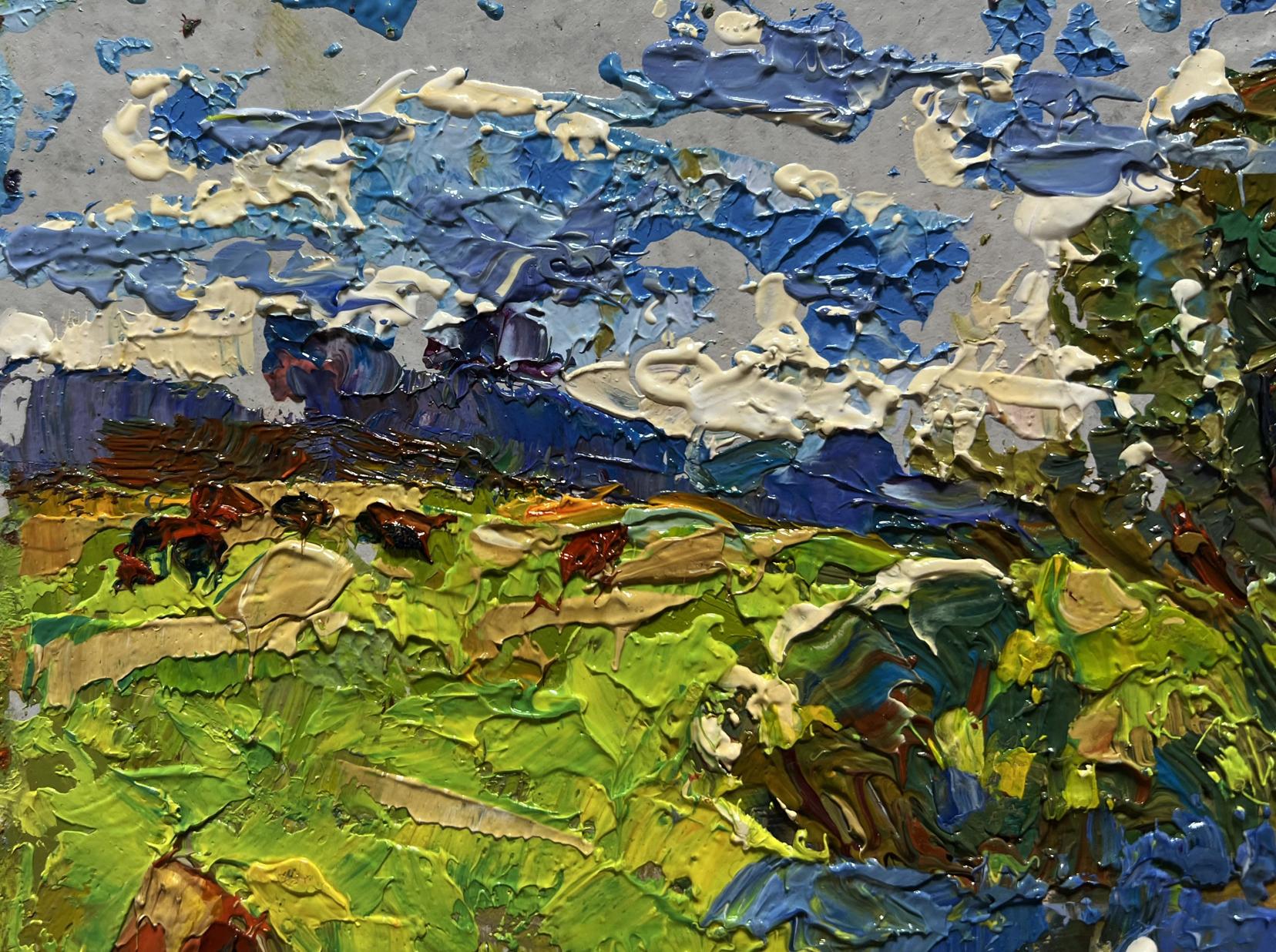 Vibrant impressionist oil painting by Oleksiy Ivanyuk: summer grass field with clouds