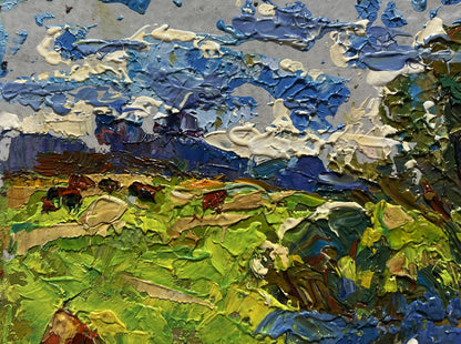 Vibrant impressionist oil painting by Oleksiy Ivanyuk: summer grass field with clouds