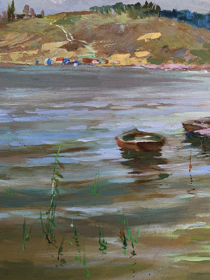 Oil painting of small weathered rowboat on calm water by Yuriy Suprunchuk