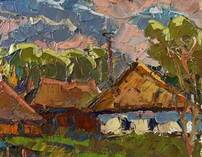 Vibrant impressionist oil painting by Oksana Ivanyuk of thatched houses in lush trees under pink blue sky