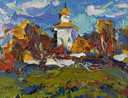 Vibrant impressionist oil painting by Oksana Ivanyuk: white church with orange dome, blue sky, green landscape