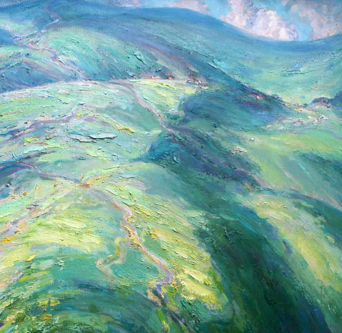 Oil painting High in the Mountains by Leonid Pavlenko: textured green blue hills