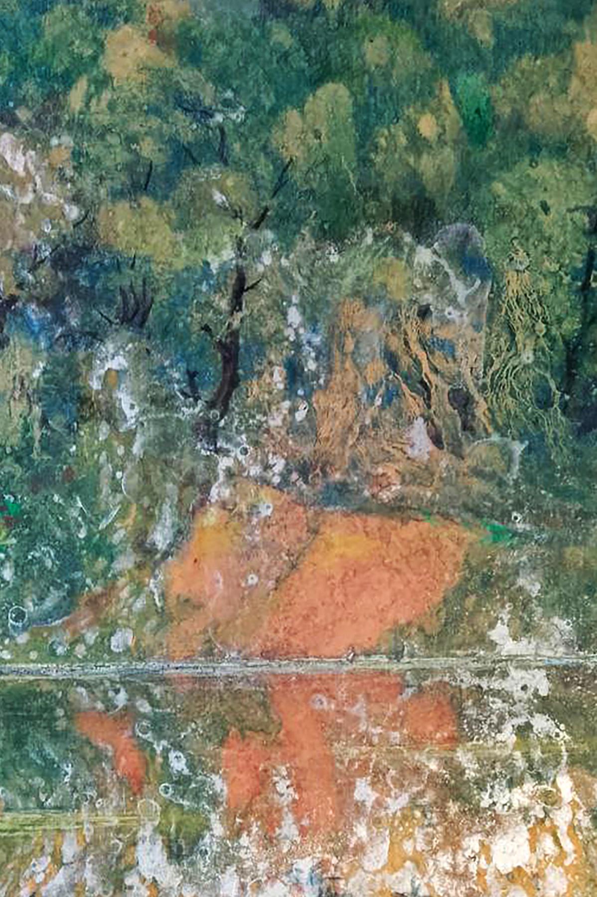 Textured abstract oil painting Drops of the river by Vitaly Duhnevich in greens and oranges
