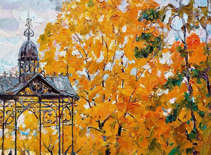 Oil painting of wrought iron gazebo amid orange autumn foliage by Leonid Pavlenko