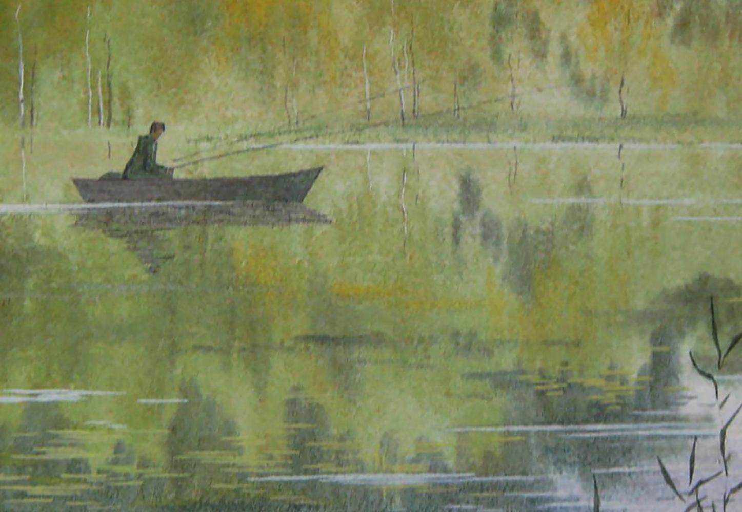 Watercolor painting of man fishing from rowboat on calm greenish-yellow water by Valery Savenets