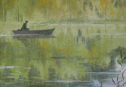 Watercolor painting of man fishing from rowboat on calm greenish-yellow water by Valery Savenets