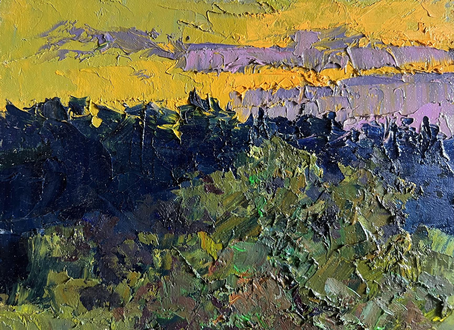Oil painting The cows are going home by Boris Serdyuk with yellow purple green strokes