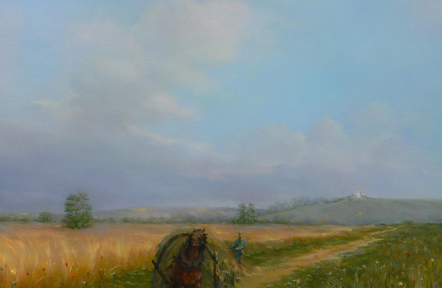 Oil painting by Vasily Korkishko: lone figure and horse cart in vast wheat fields