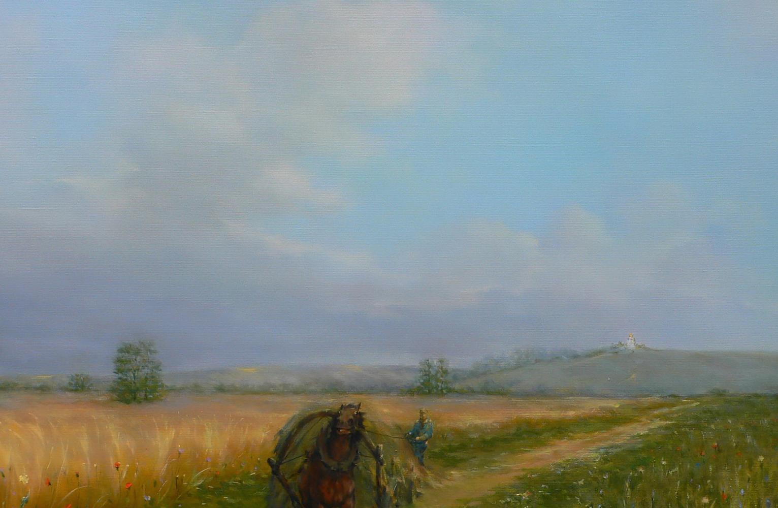 Oil painting by Vasily Korkishko: lone figure and horse cart in vast wheat fields