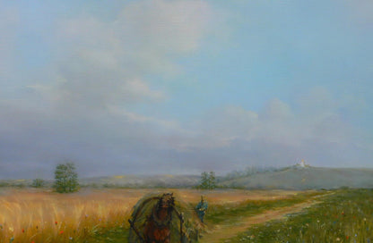 Oil painting by Vasily Korkishko: lone figure and horse cart in vast wheat fields