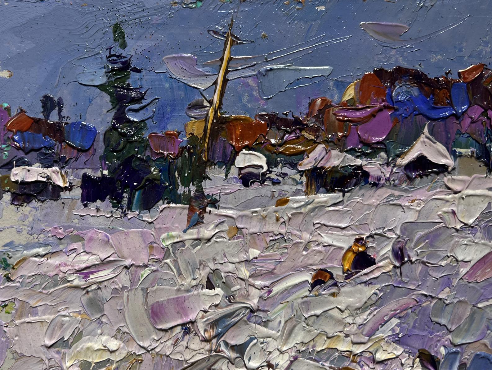 Oil painting Winter Road Home by Oleksiy Ivanyuk, textured purple-blue impasto landscape
