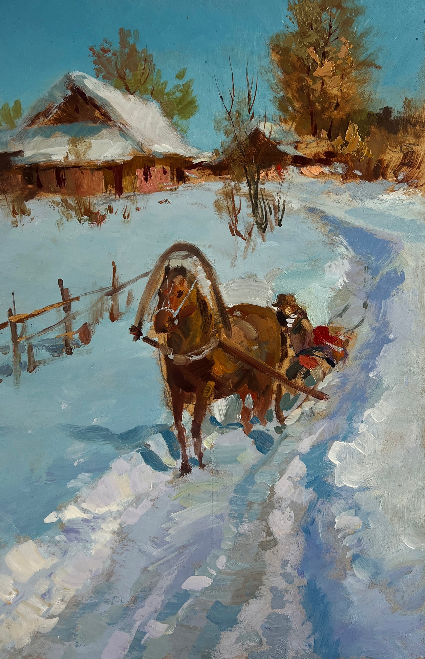 Brown horse pulling sled on snowy village road by Yuriy Suprunchuk