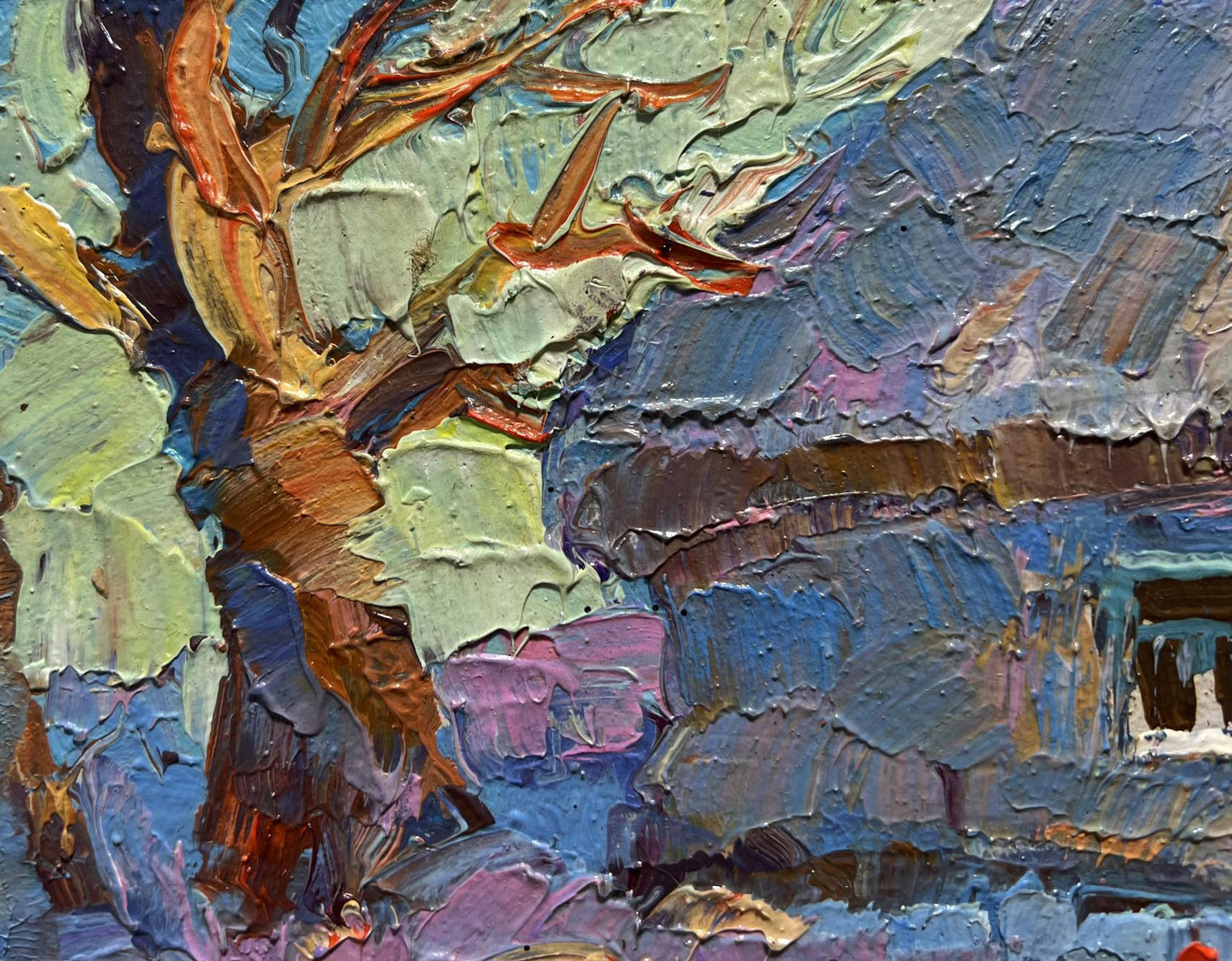Impasto oil painting Frost in the Yard by Oksana Ivanyuk, bold blues greens purples browns
