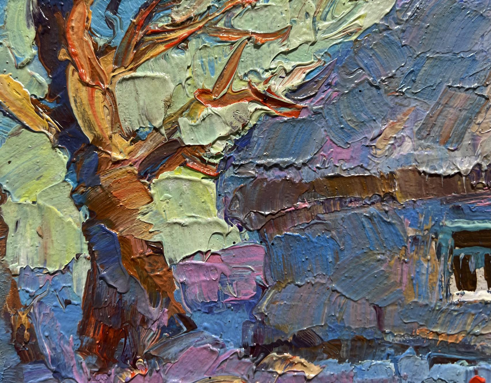 Impasto oil painting Frost in the Yard by Oksana Ivanyuk, bold blues greens purples browns