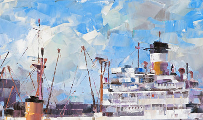 Oil painting of cargo ship and tugboat by Volodymyr Gluhomanyuk