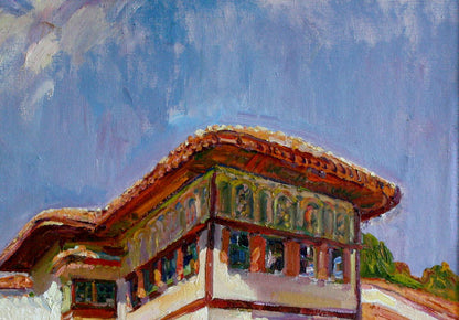 Oil painting of Castle by Leonid Pavlenko with ornate tiled roof