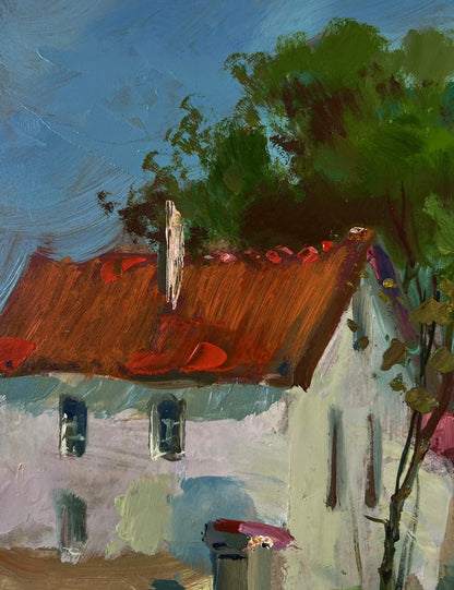 Oil painting of rustic white house by village stream by Yuriy Suprunchuk