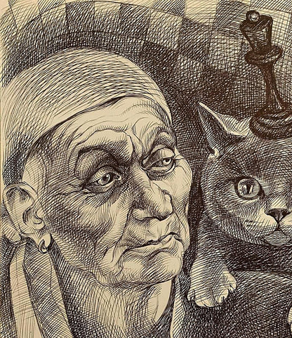 Pen painting of Natalia Bulat young chess player sketch with elderly woman and cat