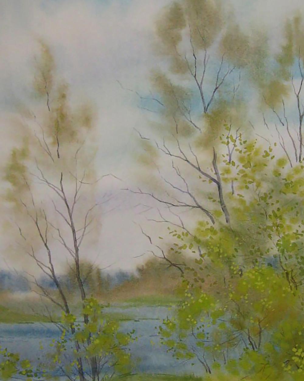 Watercolor Spring Breeze landscape by Valery Savenets, trees and river