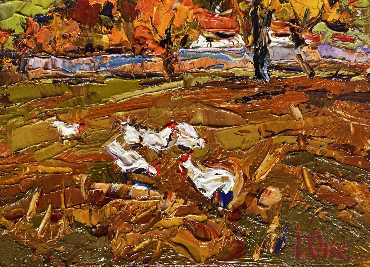 Vibrant impressionist oil painting Autumn evening Oksana Ivanyuk with white chickens