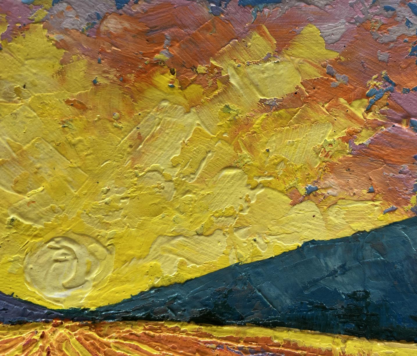 Oil painting Warm light of the fading day by V. Zadorozhnya with yellow orange brushstrokes and blue horizon