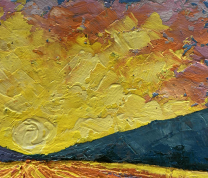 Oil painting Warm light of the fading day by V. Zadorozhnya with yellow orange brushstrokes and blue horizon