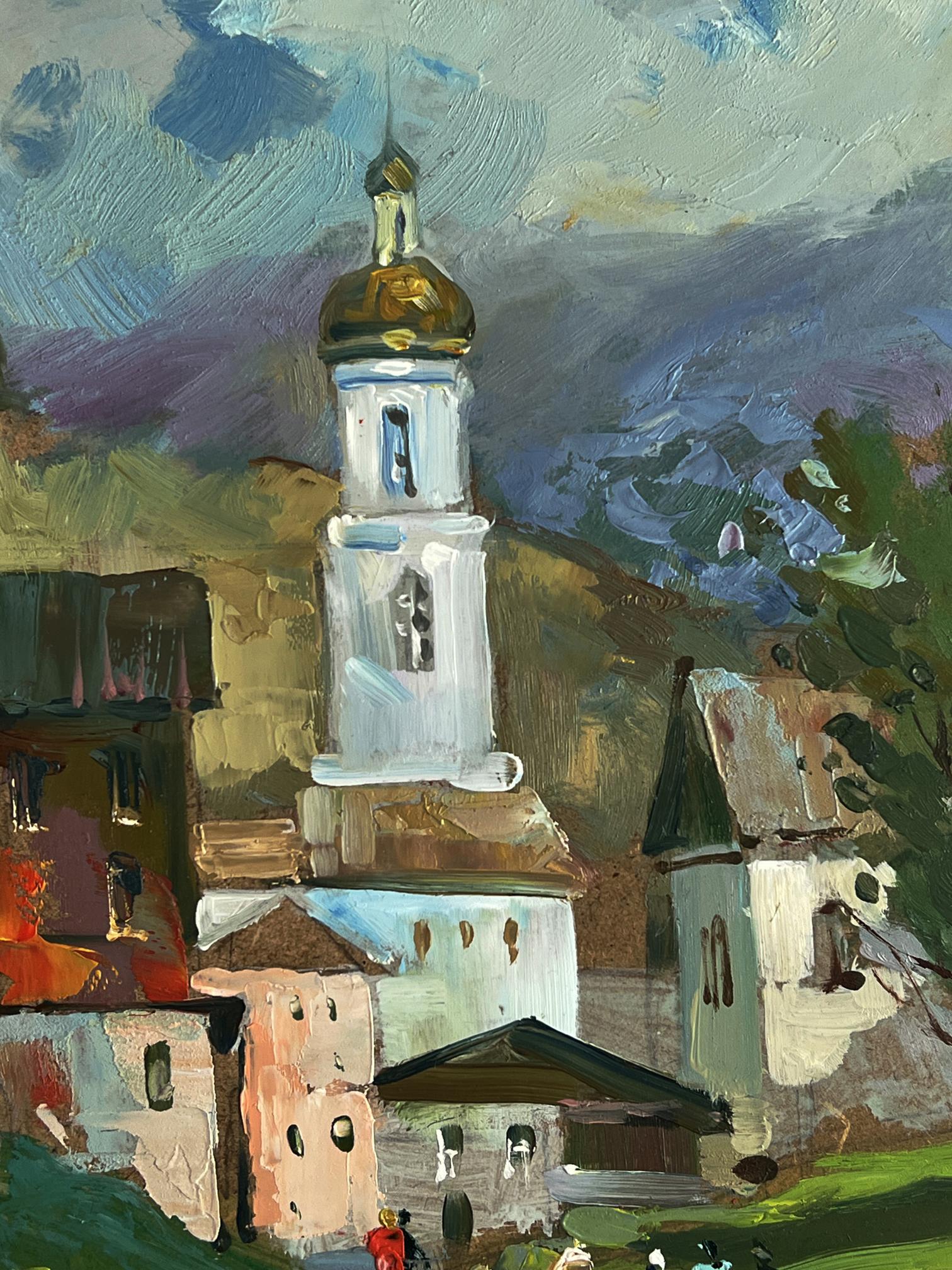 Impressionistic oil painting of village church tower by Yuriy Suprunchuk