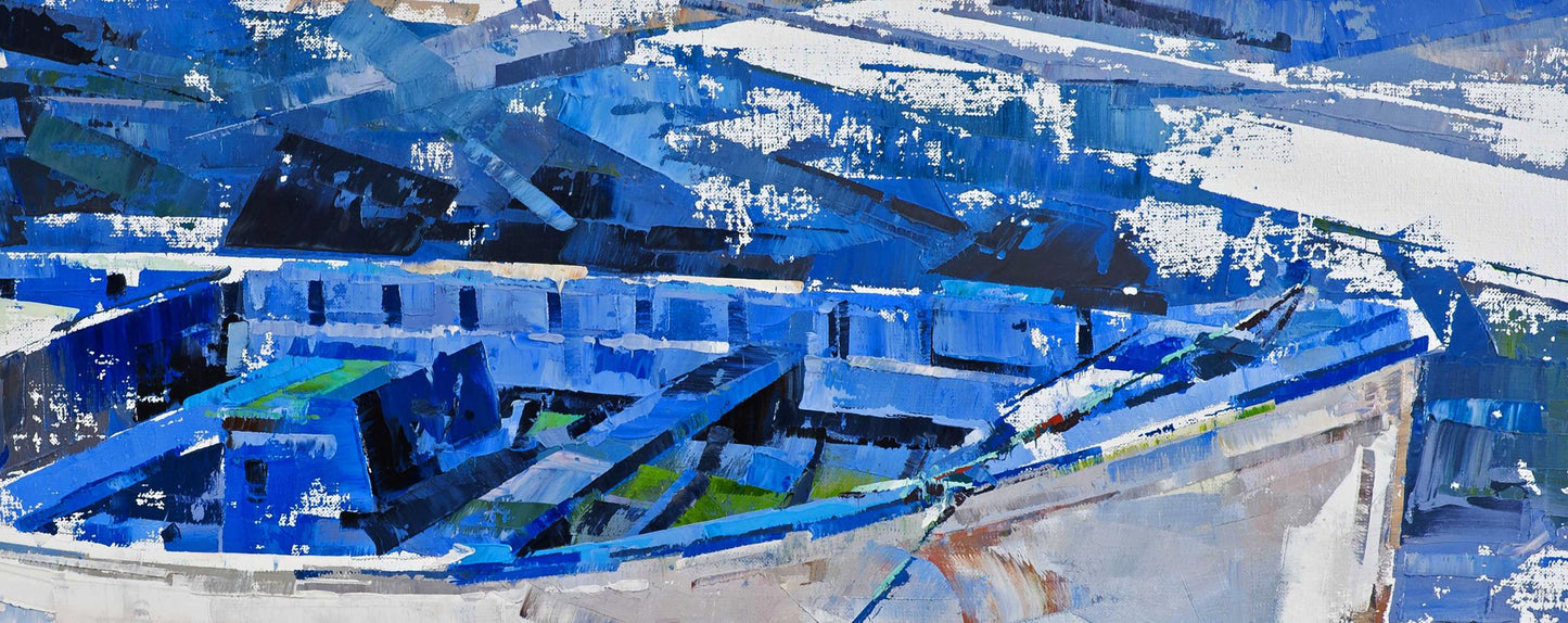 Oil painting Expectation by Volodymyr Gluhomanyuk: weathered blue boat