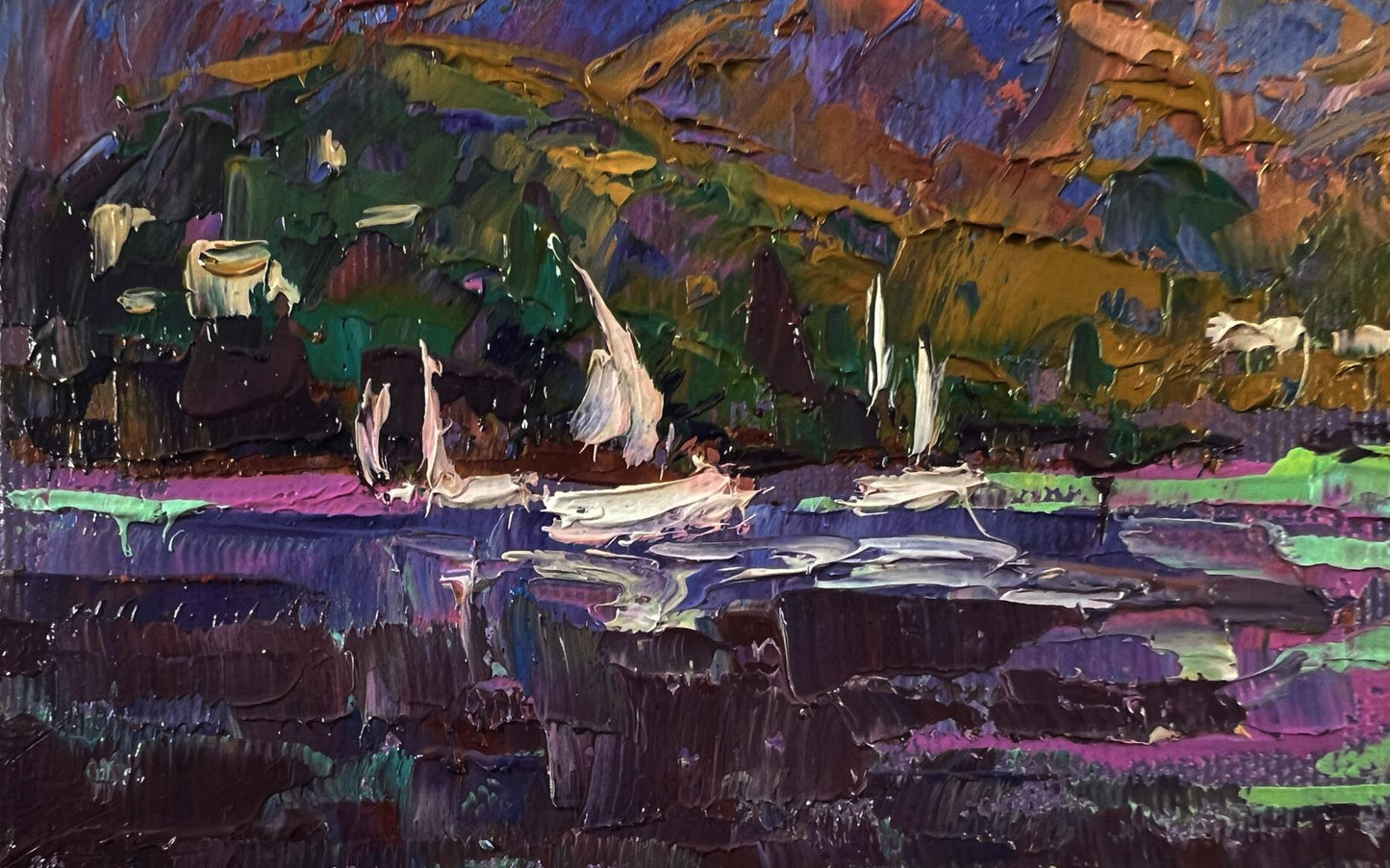 Vibrant impressionist oil painting River Silence on Boats by Oleksiy Ivanyuk