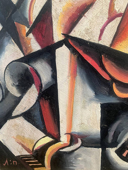 Abstract oil painting A look into the future by V. Konotopsky, bold geometric shapes
