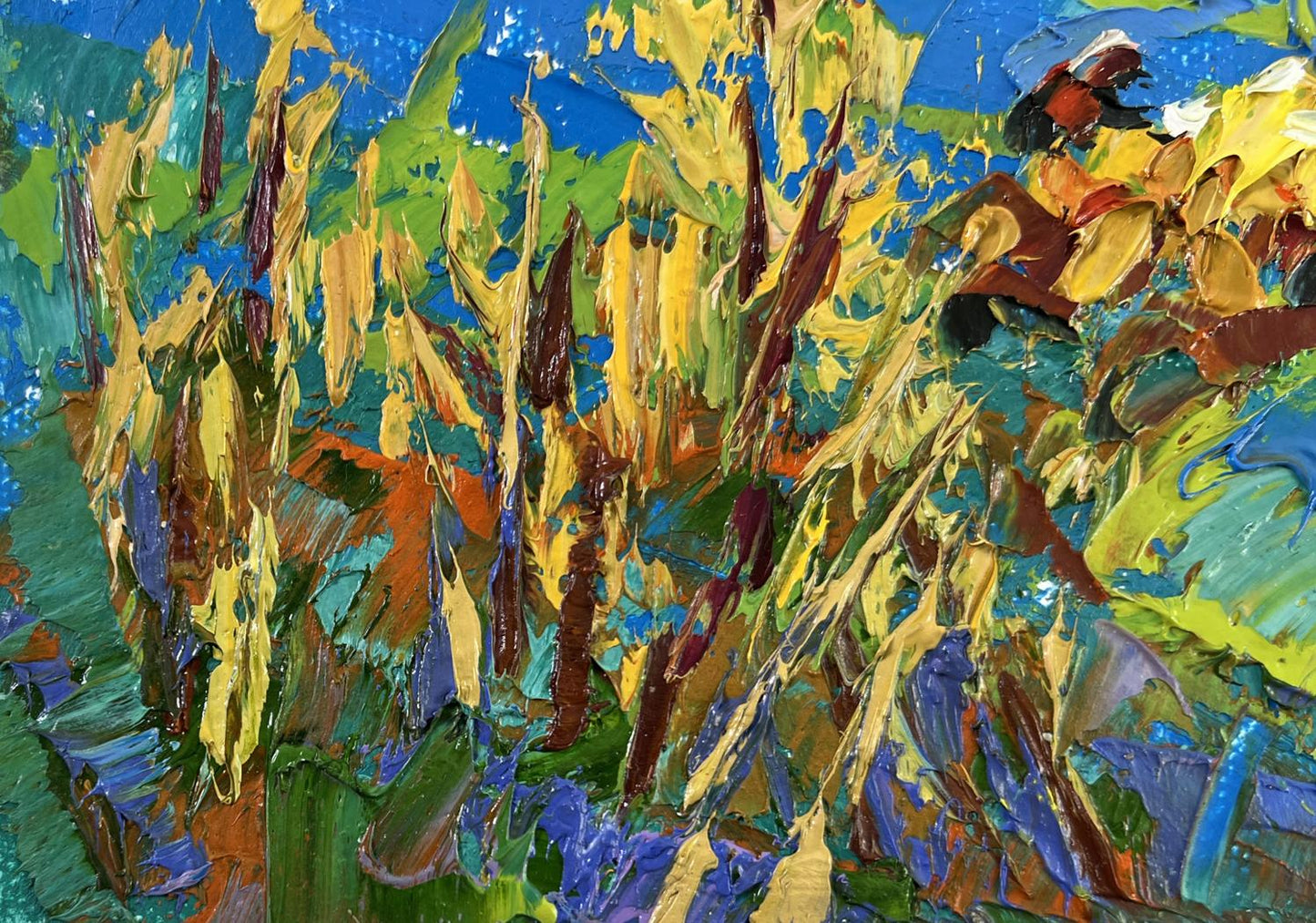 Vibrant Golden Harvest oil painting by Oleksiy Ivanyuk with bold yellow, green, blue strokes