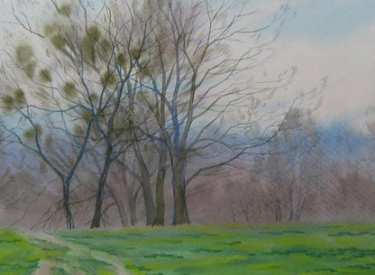 Watercolor painting of spring meadow in forest with bare misty trees by Valery Savenets