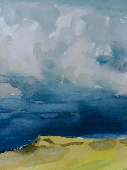 Watercolor painting of yellow field under blue sky by Vitaly Duhnevich