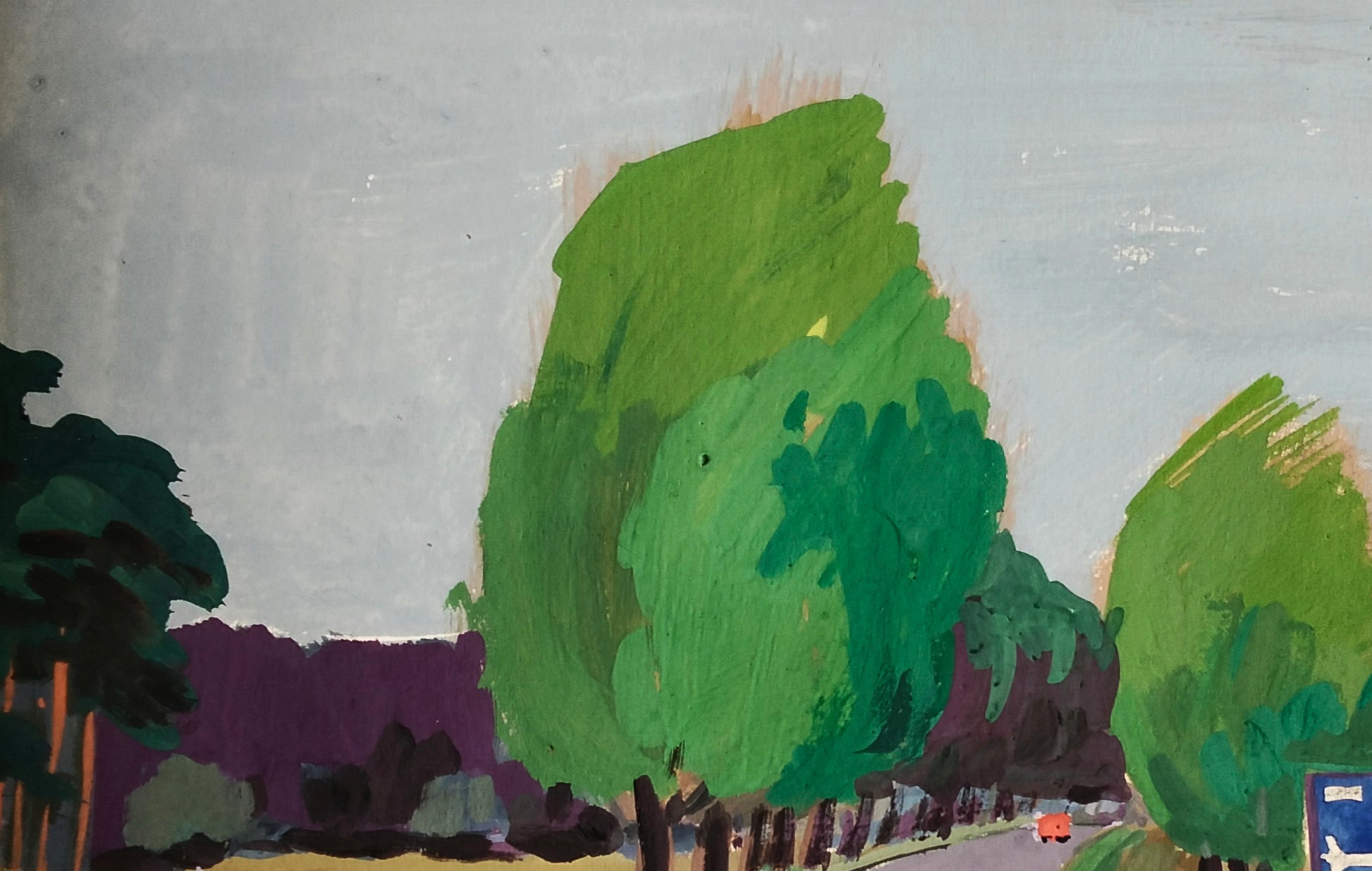 Vibrant green tree in gouache painting Road to Travel by Vitaly Duhnevich