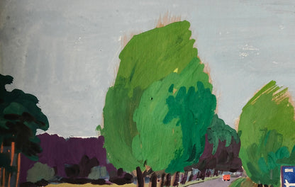 Vibrant green tree in gouache painting Road to Travel by Vitaly Duhnevich