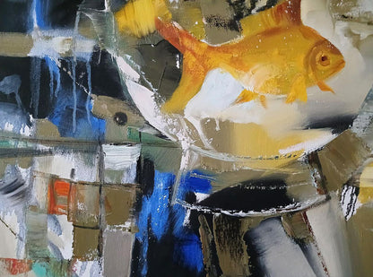Abstract oil painting of golden fish in glass bowl by Anatoly Tarabanov