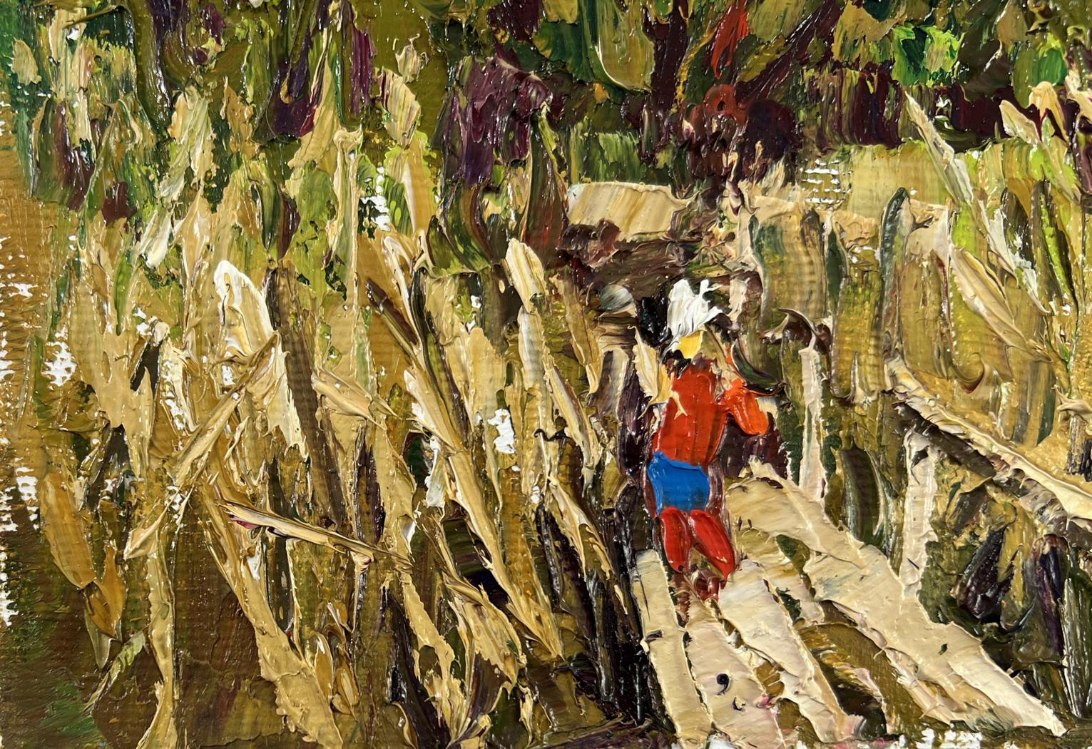 Oil painting Where the Reeds Whisper by Oleksiy Ivanyuk in red blue foliage
