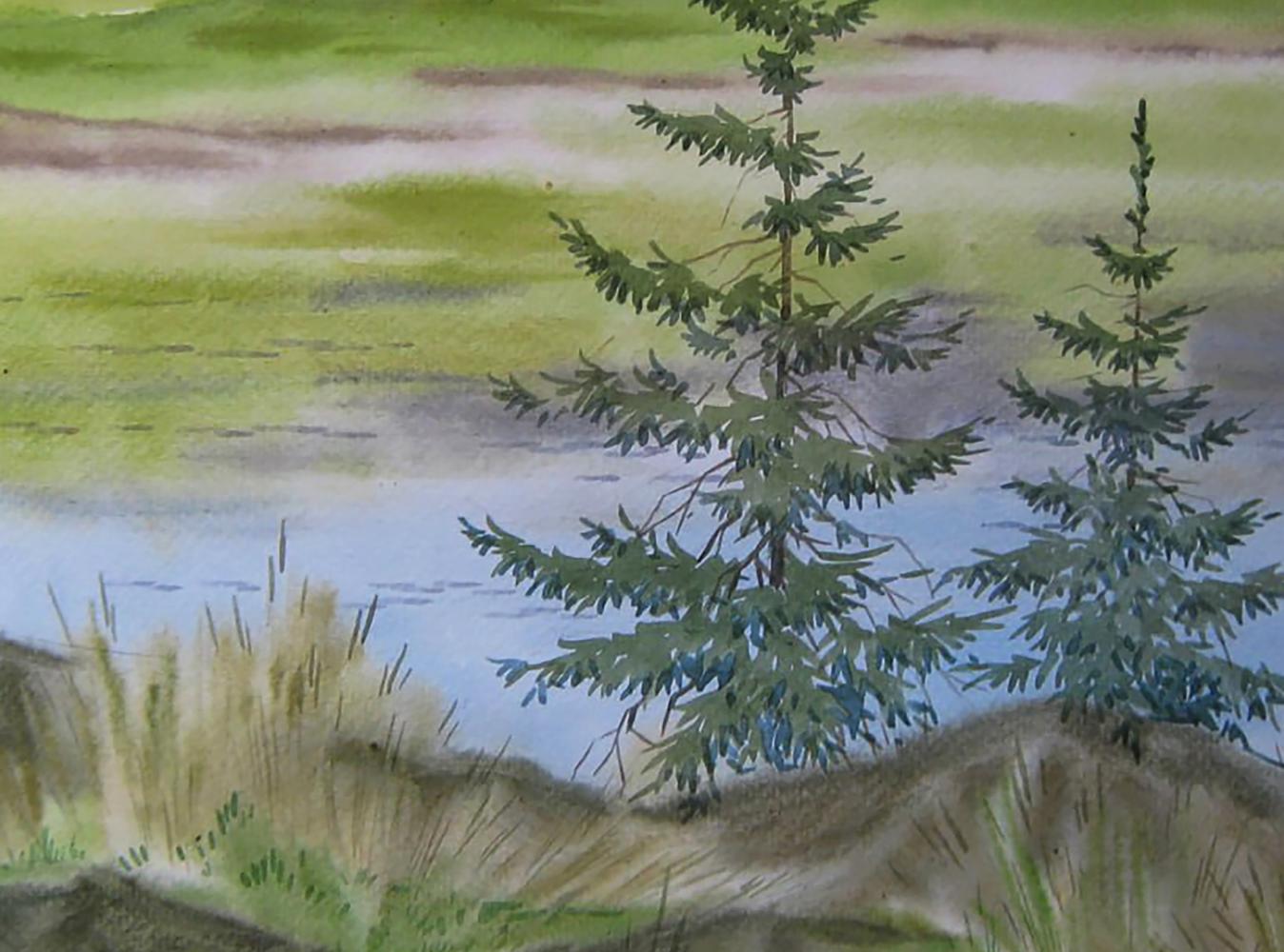 Watercolor painting of green coast river with tall slender evergreens by Valery Savenets